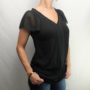 White House Black Market Black Silver Studded Ribbon Top Blouse Women Size Small